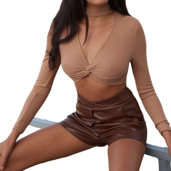 tan cropped long sleeve top - Picture 4 of 4